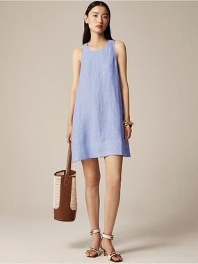 J.Crew Maxine Linen Shift Dress Blue A-Line Button Back Summer Mini Beach